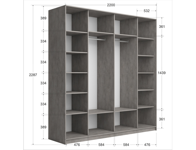 Шкаф-купе широкий Прайм Люкс 2-х дверный (фасад дсп/стекло белое/черное), Бетон